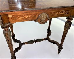 Two Victorian gilt-metal-mounted marquetry, rosewood, satinwood, birds-eye-maple and mahogany drop-side tables