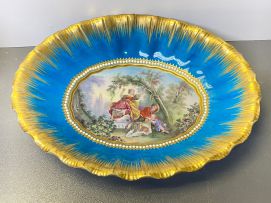 A 'Sèvres' style turquoise and gilt oval dish, late 19th century