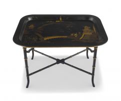 A Regency japanned chinoiserie tray-on-stand