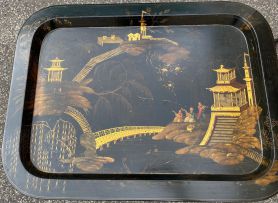A Regency japanned chinoiserie tray-on-stand