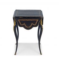An ebonized, brass and mother-of-pearl inlaid gilt-metal mounted occasional table, late 19th century