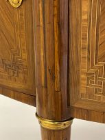 A Louis XVI style demi-lune parquetry and gilt-metal-mounted cabinet