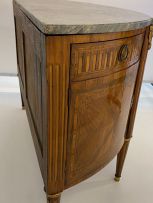 A Louis XVI style demi-lune parquetry and gilt-metal-mounted cabinet