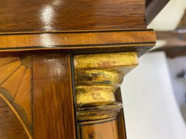 A mahogany, satinwood, marquetry and painted longcase clock