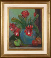 Maggie Laubser; A Still Life with Potted Christmas Cactus and Apples