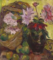 Irma Stern; Still Life of Dahlias in a Vase with a Basket of Apples