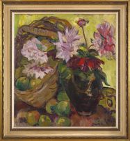 Irma Stern; Still Life of Dahlias in a Vase with a Basket of Apples