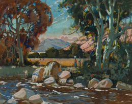 Sydney Carter; Landscape with Figures and Stream
