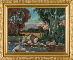 Sydney Carter; Landscape with Figures and Stream