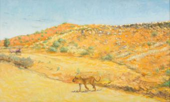 Zakkie Eloff; Lioness and Gemsbok in the Kalahari