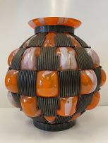 An Art Deco Daum Majorelle blown-out glass and wrought-iron metal-mounted vase, circa 1930