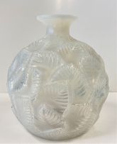 A René Lalique ‘Ormeaux’ opalescent, frosted and blue-stained glass vase, designed 30 December 1926