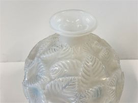 A René Lalique ‘Ormeaux’ opalescent, frosted and blue-stained glass vase, designed 30 December 1926