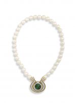 Tourmaline, diamond and cultured pearl necklace