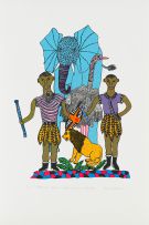 Mavis Shabalala; Amadoda Amabili Abuka Indlovu Nebhubesi (Two Men Looking at a Elephant and a Lion)