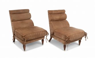 A pair of Italian pigskin and mahogany chairs, 21st century