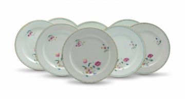 A set of eight Chinese famille-rose plates, Qing Dynasty, Qianlong period, 1736-1795