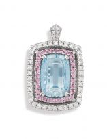 Aquamarine, pink sapphire and diamond pendant