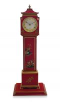 An English red and gilt lacquer chinoiserie miniature longcase timepiece, Elliott, England, circa 1920