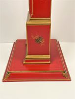 An English red and gilt lacquer chinoiserie miniature longcase timepiece, Elliott, England, circa 1920