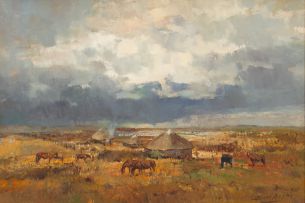 Errol Boyley; Horses in a Village Landscape