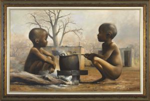 Harold Voigt; Two Children Around the Pot