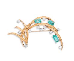 Emerald, diamond and gold brooch