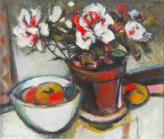 Herbert Coetzee; Still Life with Azaleas and Fruit