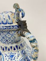 A large faience blue and white pewter mounted Toby pitcher, possible Dutch, 19th century