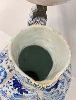 A large faience blue and white pewter mounted Toby pitcher, possible Dutch, 19th century