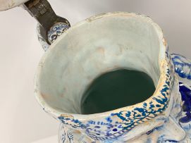 A large faience blue and white pewter mounted Toby pitcher, possible Dutch, 19th century