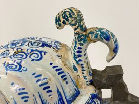 A large faience blue and white pewter mounted Toby pitcher, possible Dutch, 19th century