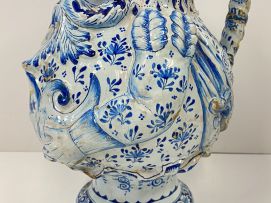 A large faience blue and white pewter mounted Toby pitcher, possible Dutch, 19th century