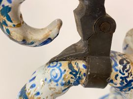 A large faience blue and white pewter mounted Toby pitcher, possible Dutch, 19th century