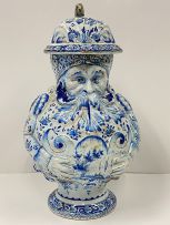 A large faience blue and white pewter mounted Toby pitcher, possible Dutch, 19th century