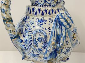 A large faience blue and white pewter mounted Toby pitcher, possible Dutch, 19th century