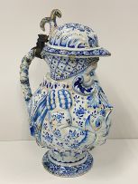 A large faience blue and white pewter mounted Toby pitcher, possible Dutch, 19th century