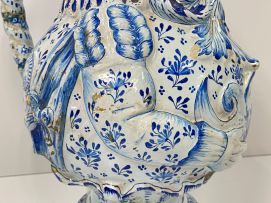 A large faience blue and white pewter mounted Toby pitcher, possible Dutch, 19th century