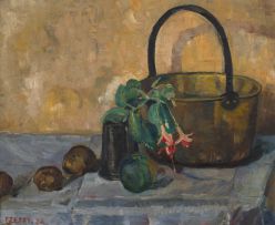 Florence Zerffi; Still Life with Fuchsia Blossoms and a a Brass Jam Boiler