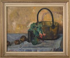 Florence Zerffi; Still Life with Fuchsia Blossoms and a a Brass Jam Boiler