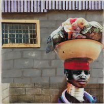 Sam Nhlengethwa; Woman with Basin of Vegetables on her Head