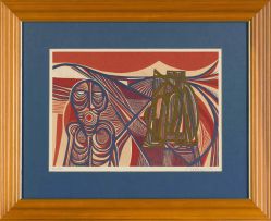 Cecil Skotnes; Figure in a Landscape (Red and Blue)