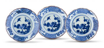 Three Japanese Arita blue and white bowls